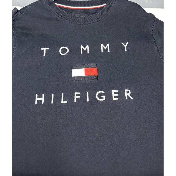 Tommy Hilfiger Sweatshirt Mens XL Navy Crewneck Big Spell Out Logo Pullover - Picture 6 of 11